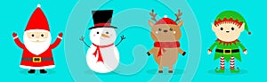 Santa Claus Reindeer Snowman Elf Deer line set. Merry Christmas. Happy New Year. Red green black hat, scarf. Cute cartoon funny