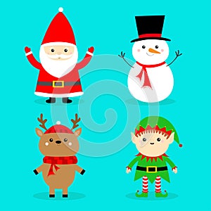 Santa Claus Reindeer Snowman Elf Deer set. Merry Christmas. Happy New Year. Red green black hat, scarf. Cute cartoon funny kawaii