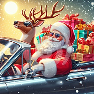 Santa Claus an a reindeer with sunglasses in a cabrio