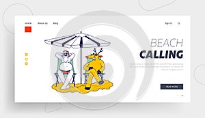 Santa Claus and Reindeer on Tropical Beach or Pool Party Landing Page Template. Characters Sitting on Chairs Relaxing