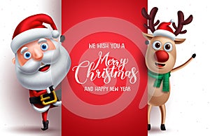 Santa claus and reindeer vector christmas characters holding a board photo