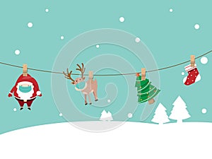 Santa claus and reindeer wearing surgical mask hanging on robe