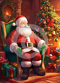 Santa Claus resting on the Christmas chair. Beautiful Christmas Background Generative AI