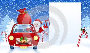 Santa Claus  in retro car wit gift box anr big Christmas bag rides by billboard for layout congratulation or letter with list wish