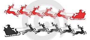 Santa Claus rides on a flying sleigh drawn by reindeer. Christmas vector illustration, silhouette