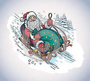 Santa Claus rides the mountain on a sleigh