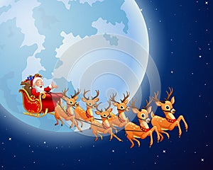 Santa Claus rides reindeer sleigh against a full moon background