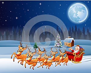 Santa Claus rides reindeer sleigh in Christmas night