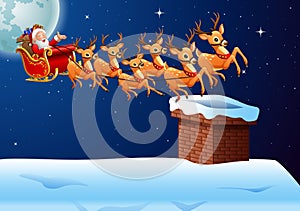 Santa Claus rides reindeer sleigh flying in the sky