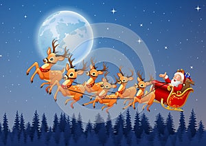 Santa Claus rides reindeer sleigh flying in the sky