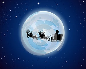 Santa Claus rides reindeer sleigh silhouette against a full moon background