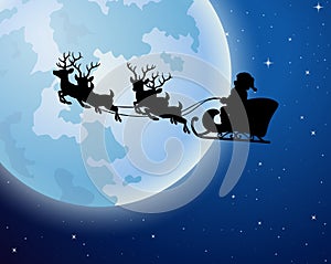 Santa Claus rides reindeer sleigh silhouette against a full moon background