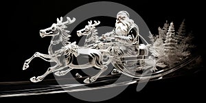 Santa Claus rides on a sleigh pulled by reindeer. Made from ice