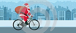Santa Claus riding a bicycle and carrying a sack
