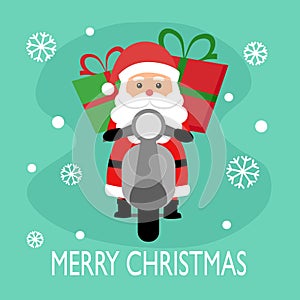 Santa Claus riding motorbike carrying gifts with snow flakes on background in flat design. Merry Christmas concept vector illustra