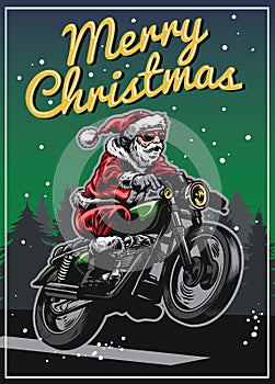 Santa claus riding motorcycle in christmas greeting card design