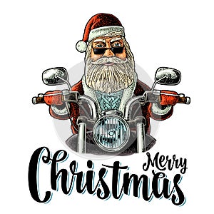 Santa Claus riding a motorcycle. Vector vintage black engraving