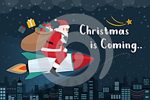 Santa Claus riding a rocket and carrying Christmas gifts photo