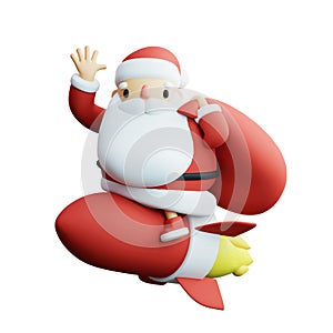 Santa Claus Riding Rocket and Waving Hand in Night. Christmas Gift Delivery Service 3D rendering illustration.