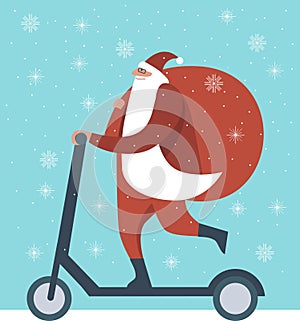 Santa Claus riding scooter and carrying a huge sack of presents