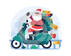 Santa Claus Riding a Scooter, Carrying a Sack Full of Gifts. Merry Christmas Concept Illustration