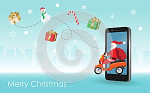 Santa Claus riding scooter with giftbag from smartphone screen delivery gift to people in Christmas