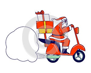 Santa Claus Riding Scooter with Gifts on Trunk and Cloud with Mockup Empty Copy Space Christmas Character Congratulation