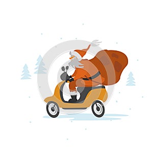 Santa claus riding scooter with sack of presents