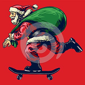 Santa claus riding skateboard while bringing a full bag of chris