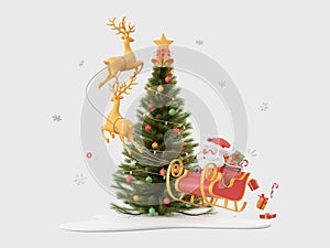 Santa Claus riding a sleigh around Christmas tree, Christmas theme elements