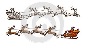 Santa Claus is riding in a sleigh. Christmas, celebration concept. Sketch vintage vector illustration