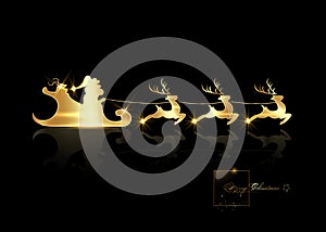 Santa Claus riding on sleigh with reindeer. Gold luxury logo, Christmas, xmas, new year concept. Cartoon vector illustration