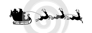 Santa Claus with riding a sleigh with reindeers, black vector silhouette isolated on white background. Christmas flat