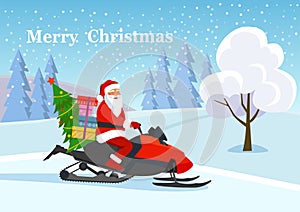 Santa claus riding Snowmobile isolated. Winter forest landscape.