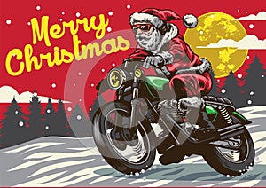 Santa claus riding vintage motorcycle