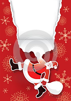 Santa Claus ripping red Christmas Paper Background.