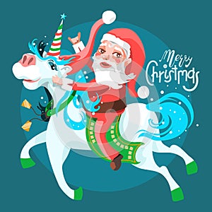 Santa Claus with rocker gesture, riding the adorable unicorn