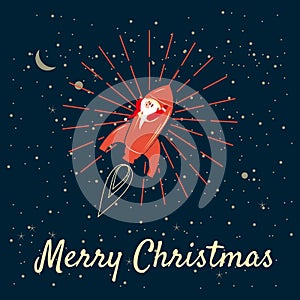 Santa Claus on a rocket flies in space around the Earth, Merry Christmas and Happy New Year, retro. Winter, stars