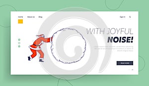 Santa Claus Rolling Huge Snowball Mockup with Copy Space Landing Page Template. Christmas Character in Festive Costume