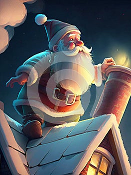 Santa Claus on the roof delivering gifts