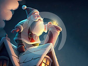 Santa Claus on the roof delivering gifts