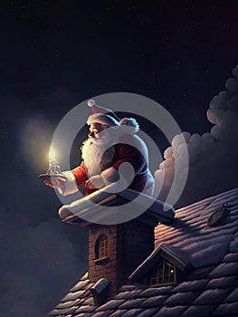 Santa Claus on the roof delivering gifts