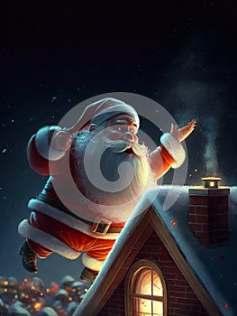 Santa Claus on the roof delivering gifts