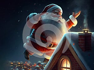 Santa Claus on the roof delivering gifts