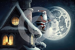 Santa Claus on the roof of the house near the chimney on Christmas night, generative AI.