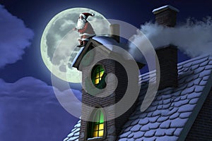 Santa Claus on the roof of the house near the chimney on Christmas night, generative AI.