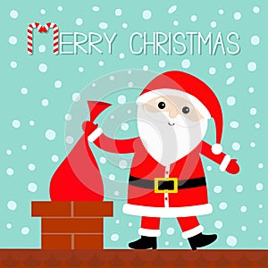 Santa Claus on the roof putting gift bag into chimney. Red hat, costume, beard, belt buckle. Merry Christmas. Candy cane. Cute car