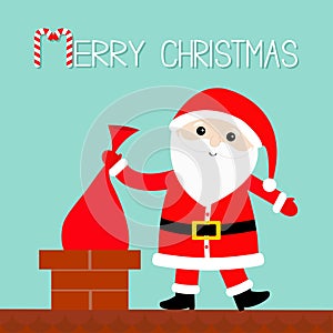 Santa Claus on the roof putting gift bag into chimney. Red hat, costume