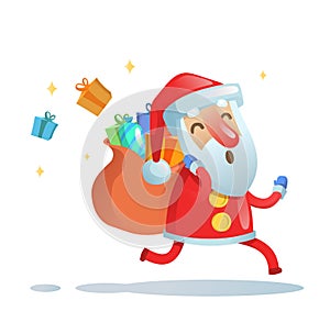 Santa Claus on the run to deliver christmas gifts. Flat vector illustration. Isolated on white background.