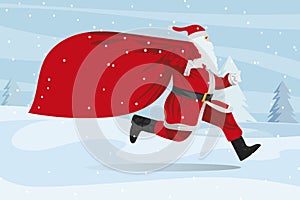 Santa claus running fast on snow with his sack full of christmas presents for kids on christmas